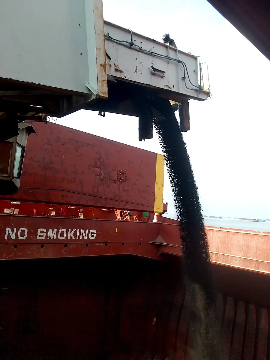 Coal pouring from a shiploader into a hold